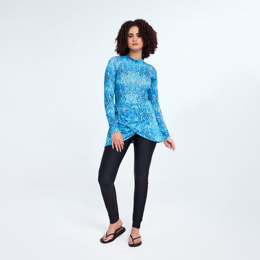 Aerobird Nabila Swimsuit Long Sleeves Top With Skirt, Turquoise & Aqua Green - 2 Pieces