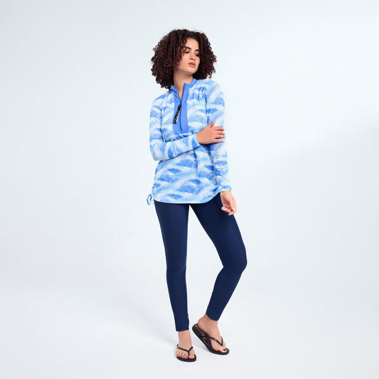 Aerobird Mahira Long-Sleeves Swimming Top For Women, Blue & Frozen White