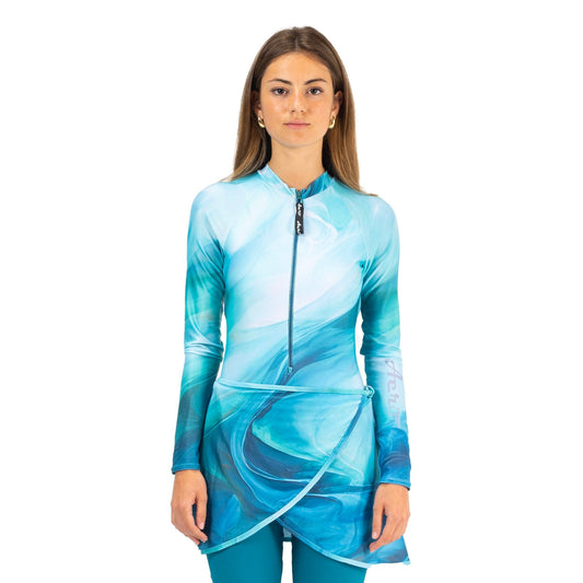 AEROBIRD AZIZA SWIMSUIT LONG SLEEVES TOP WITH SKIRT FOR WOMEN, TEAL&WHITE