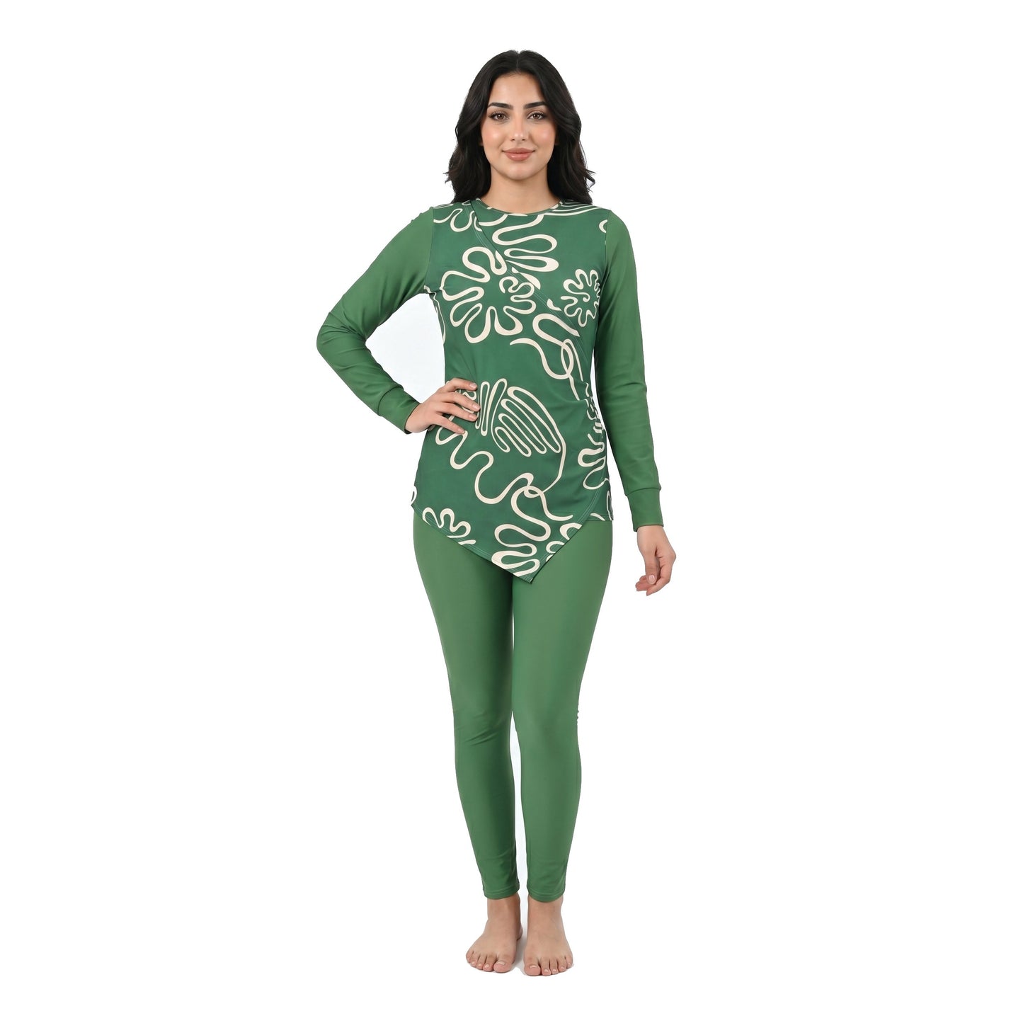 Aerobird Burkini Full Set For Women, Green Print&Green