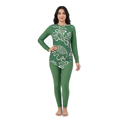 Aerobird Burkini Full Set For Women, Green Print&Green