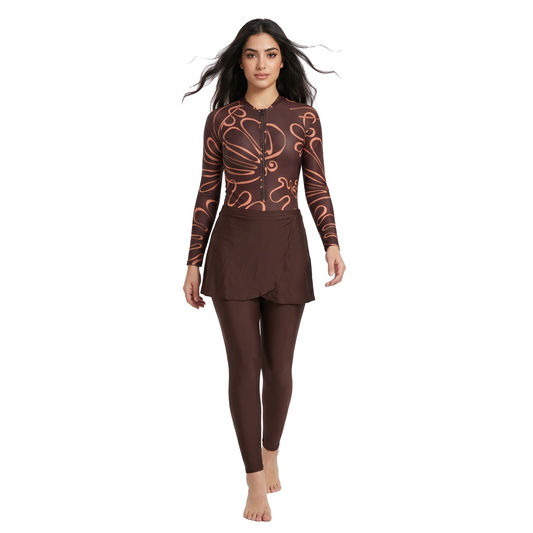 Aerobird Burkini Full Set For Women, Brown Print&Brown