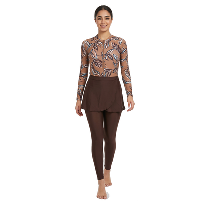 Aerobird Burkini Full Set For Women, Yellow Print&Brown